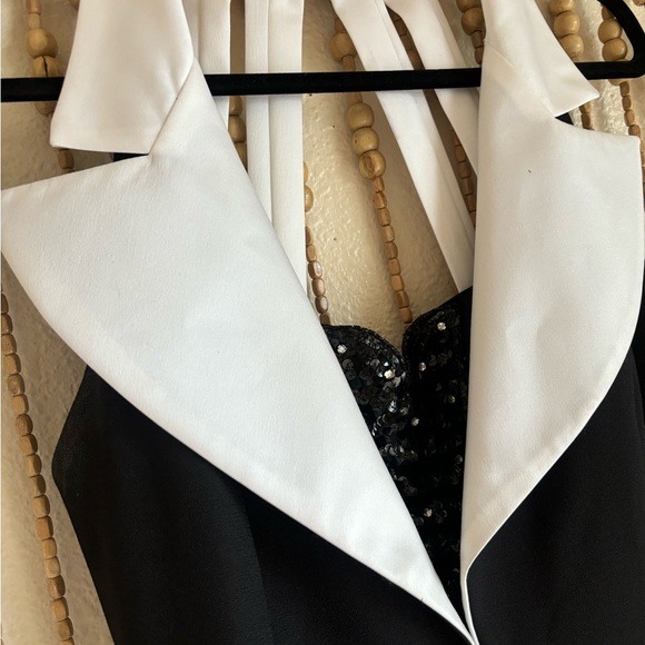 Vintage 90s Black White Collard Beaded Hollywood Glam Pinup Maxi Formal Dress 12 - Picture 2 of 7